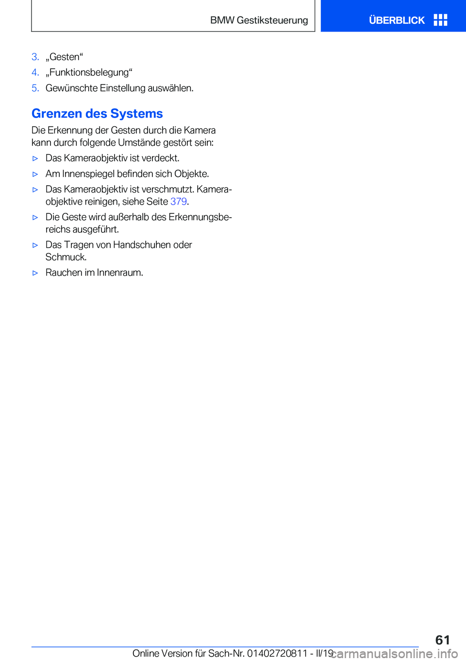 BMW X4 2019  Betriebsanleitungen (in German) �3�.x�G�e�s�t�e�nv�4�.x�F�u�n�k�t�i�o�n�s�b�e�l�e�g�u�n�gv�5�.�G�e�w�