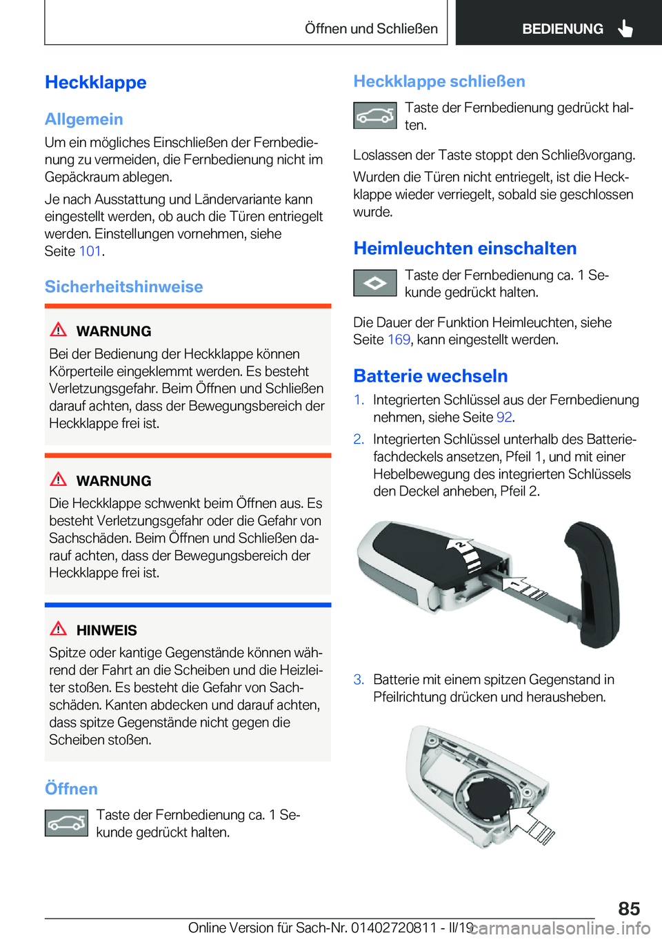 BMW X4 2019  Betriebsanleitungen (in German) �H�e�c�k�k�l�a�p�p�e
�A�l�l�g�e�m�e�i�n �U�m��e�i�n��m�