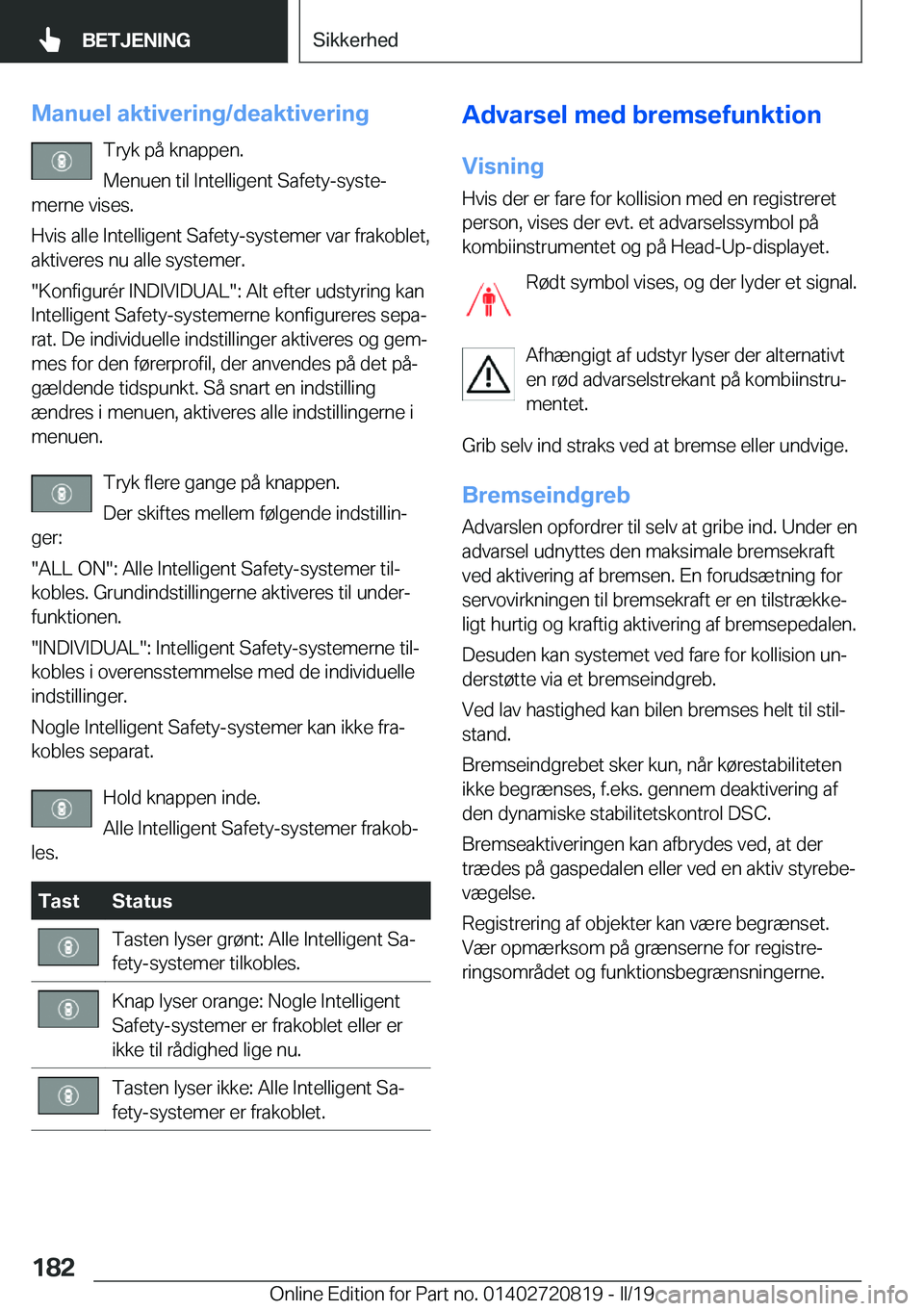BMW X4 2019  InstruktionsbØger (in Danish) �M�a�n�u�e�l��a�k�t�i�v�e�r�i�n�g�/�d�e�a�k�t�i�v�e�r�i�n�g�T�r�y�k��p�å��k�n�a�p�p�e�n�.
�M�e�n�u�e�n��t�i�l��I�n�t�e�l�l�i�g�e�n�t��S�a�f�e�t�y�-�s�y�s�t�ej
�m�e�r�n�e��v�i�s�e�s�.
�H�v�i�s