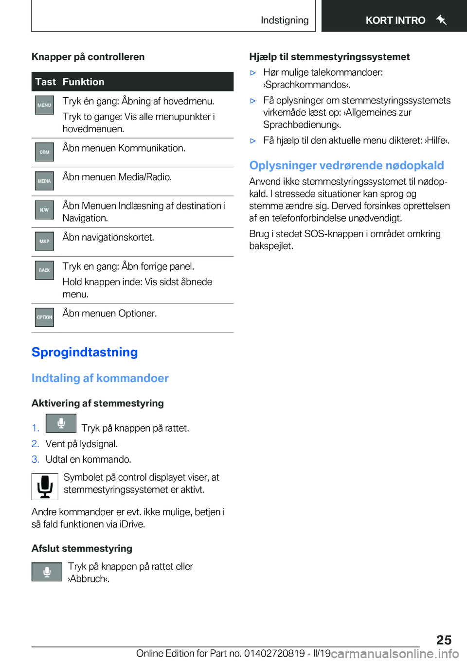 BMW X4 2019  InstruktionsbØger (in Danish) �K�n�a�p�p�e�r��p�å��c�o�n�t�r�o�l�l�e�r�e�n�T�a�s�t�F�u�n�k�t�i�o�n�T�r�y�k��