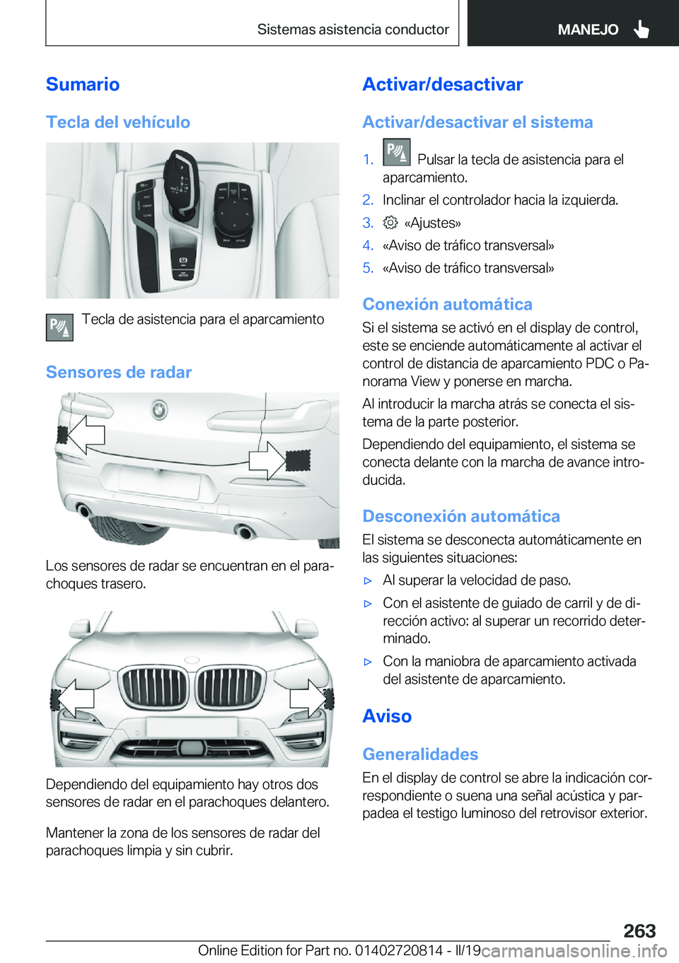 BMW X4 2019  Manuales de Empleo (in Spanish) �S�u�m�a�r�i�o�T�e�c�l�a��d�e�l��v�e�h�