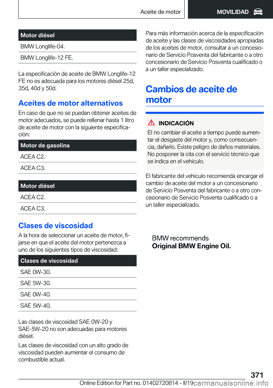 BMW X4 2019  Manuales de Empleo (in Spanish) �M�o�t�o�r��d�i�