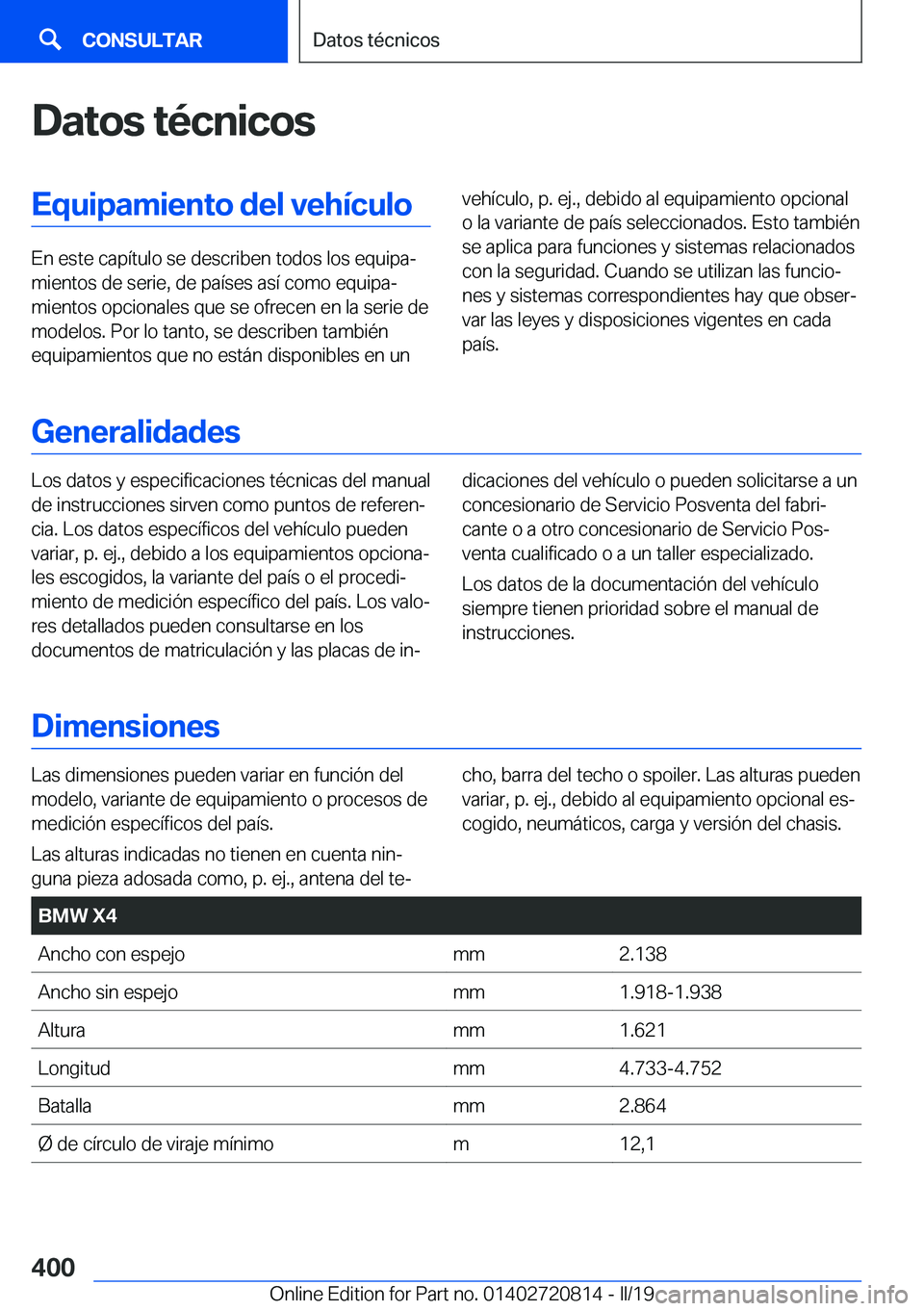 BMW X4 2019  Manuales de Empleo (in Spanish) �D�a�t�o�s��t�