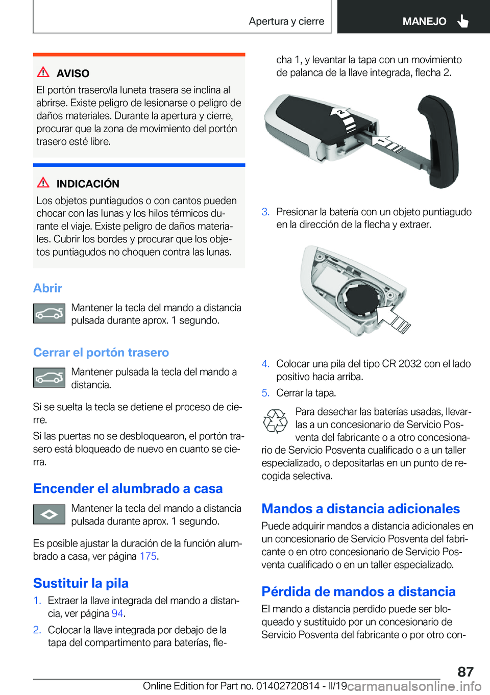 BMW X4 2019  Manuales de Empleo (in Spanish) �A�V�I�S�O
�E�l��p�o�r�t�