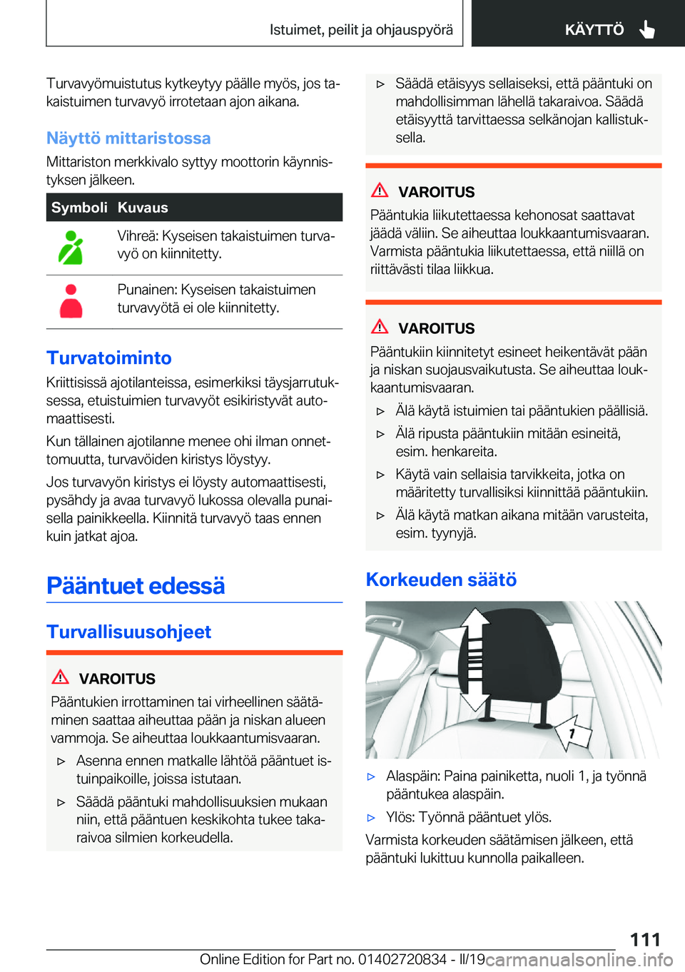 BMW X4 2019  Omistajan Käsikirja (in Finnish) �T�u�r�v�a�v�y�