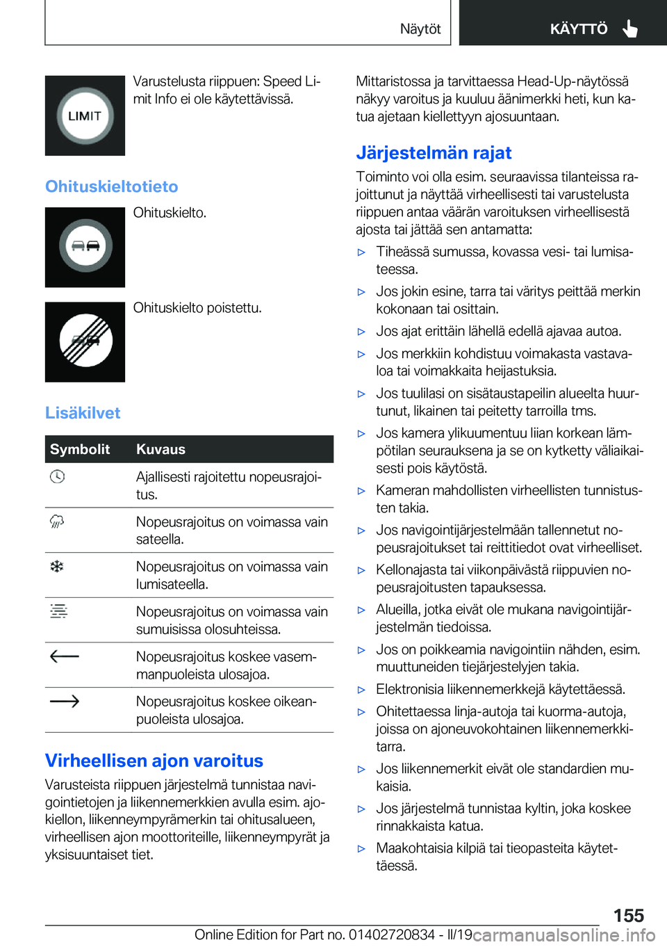 BMW X4 2019  Omistajan Käsikirja (in Finnish) �V�a�r�u�s�t�e�l�u�s�t�a��r�i�i�p�p�u�e�n�:��S�p�e�e�d��L�ij�m�i�t��I�n�f�o��e�i��o�l�e��k�