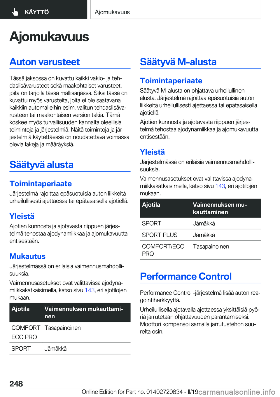 BMW X4 2019  Omistajan Käsikirja (in Finnish) �A�j�o�m�u�k�a�v�u�u�s�A�u�t�o�n��v�a�r�u�s�t�e�e�t
�T�