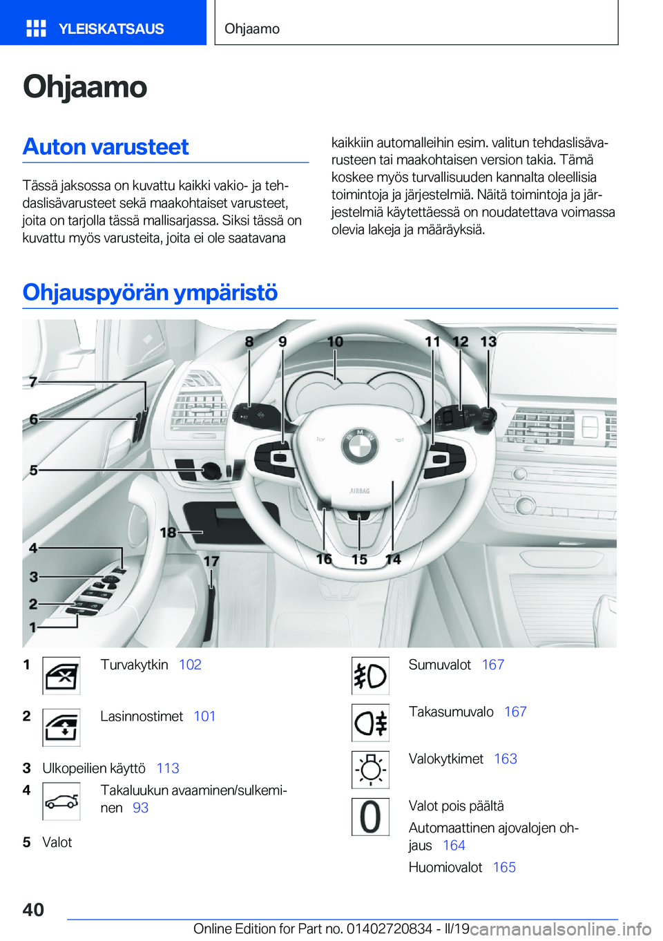 BMW X4 2019  Omistajan Käsikirja (in Finnish) �O�h�j�a�a�m�o�A�u�t�o�n��v�a�r�u�s�t�e�e�t
�T�