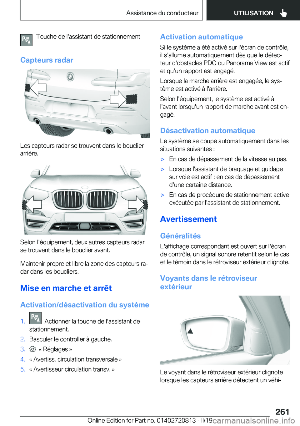 BMW X4 2019  Notices Demploi (in French) �T�o�u�c�h�e��d�e��l�'�a�s�s�i�s�t�a�n�t��d�e��s�t�a�t�i�o�n�n�e�m�e�n�t
�C�a�p�t�e�u�r�s��r�a�d�a�r
�L�e�s��c�a�p�t�e�u�r�s��r�a�d�a�r��s�e��t�r�o�u�v�e�n�t��d�a�n�s��l�e��b�o�u�c�l�i