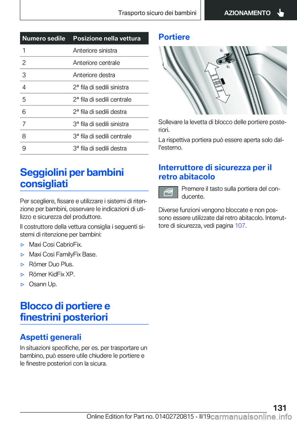 BMW X4 2019  Libretti Di Uso E manutenzione (in Italian) �N�u�m�e�r�o��s�e�d�i�l�e�P�o�s�i�z�i�o�n�e��n�e�l�l�a��v�e�t�t�u�r�a�1�A�n�t�e�r�i�o�r�e��s�i�n�i�s�t�r�a�2�A�n�t�e�r�i�o�r�e��c�e�n�t�r�a�l�e�3�A�n�t�e�r�i�o�r�e��d�e�s�t�r�a�4�2�ª��f�i�l�a�