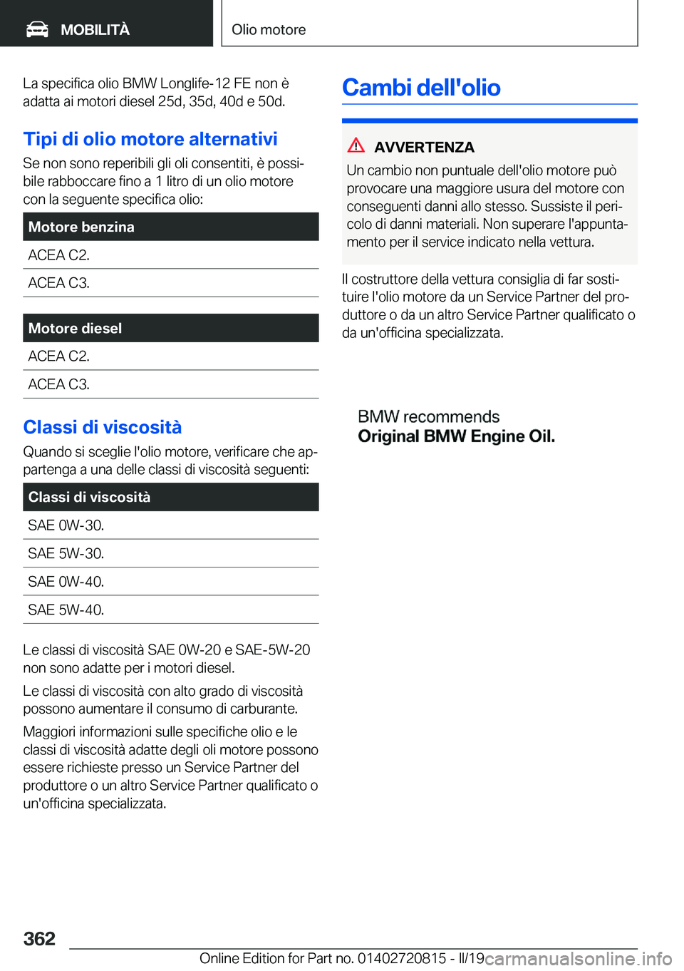 BMW X4 2019  Libretti Di Uso E manutenzione (in Italian) �L�a��s�p�e�c�i�f�i�c�a��o�l�i�o��B�M�W��L�o�n�g�l�i�f�e�-�1�2��F�E��n�o�n��è�a�d�a�t�t�a��a�i��m�o�t�o�r�i��d�i�e�s�e�l��2�5�d�,��3�5�d�,��4�0�d��e��5�0�d�.
�T�i�p�i��d�i��o�l�i�o�