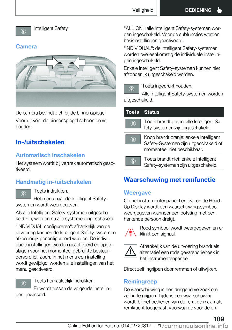 BMW X4 2019  Instructieboekjes (in Dutch) �I�n�t�e�l�l�i�g�e�n�t��S�a�f�e�t�y
�C�a�m�e�r�a
�D�e��c�a�m�e�r�a��b�e�v�i�n�d�t��z�i�c�h��b�i�j��d�e��b�i�n�n�e�n�s�p�i�e�g�e�l�. �V�o�o�r�r�u�i�t��v�o�o�r��d�e��b�i�n�n�e�n�s�p�i�e�g�e�l�