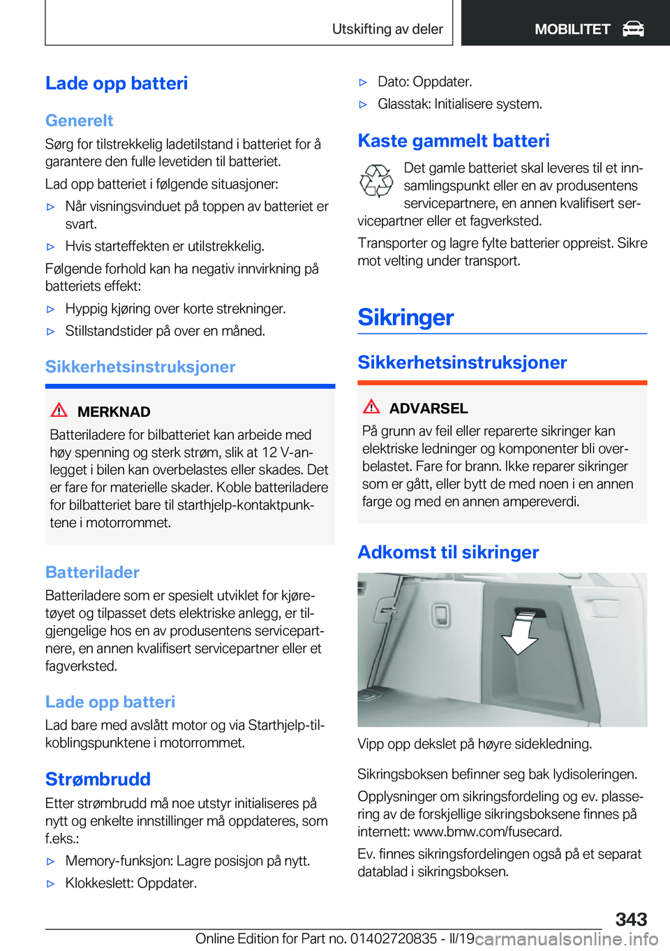 BMW X4 2019  InstruksjonsbØker (in Norwegian) �L�a�d�e��o�p�p��b�a�t�t�e�r�i
�G�e�n�e�r�e�l�t
�S�