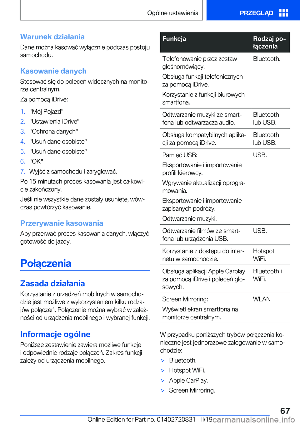 BMW X4 2019  Instrukcja obsługi (in Polish) �W�a�r�u�n�e�k��d�z�i�a�ł�a�n�i�a�D�a�n�e��m�o9�n�a��k�a�s�o�w�a�