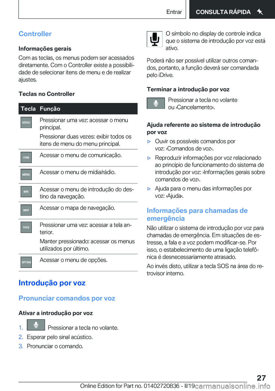 BMW X4 2019  Manual do condutor (in Portuguese) �C�o�n�t�r�o�l�l�e�r�I�n�f�o�r�m�a�