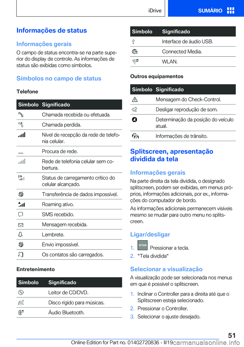 BMW X4 2019  Manual do condutor (in Portuguese) �I�n�f�o�r�m�a�