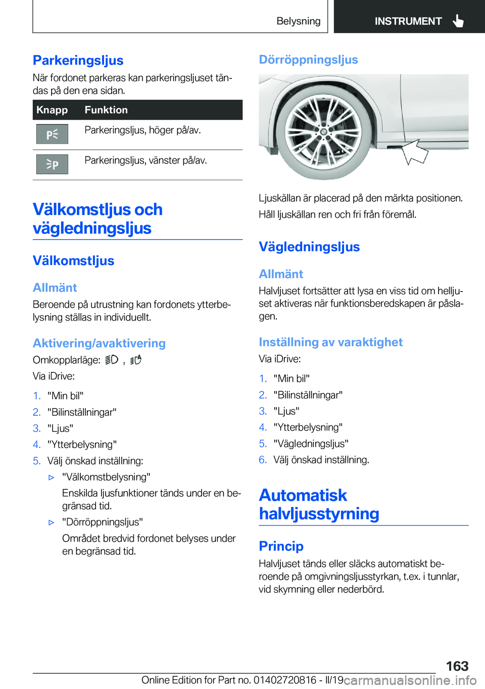 BMW X4 2019  InstruktionsbÖcker (in Swedish) �P�a�r�k�e�r�i�n�g�s�l�j�u�s�N�ä�r��f�o�r�d�o�n�e�t��p�a�r�k�e�r�a�s��k�a�n��p�a�r�k�e�r�i�n�g�s�l�j�u�s�e�t��t�ä�nj
�d�a�s��p�å��d�e�n��e�n�a��s�i�d�a�n�.�K�n�a�p�p�F�u�n�k�t�i�o�n�P�a�r