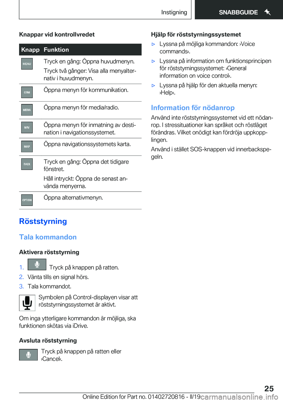 BMW X4 2019  InstruktionsbÖcker (in Swedish) �K�n�a�p�p�a�r��v�i�d��k�o�n�t�r�o�l�l�v�r�e�d�e�t�K�n�a�p�p�F�u�n�k�t�i�o�n�T�r�y�c�k��e�n��g�å�n�g�:��