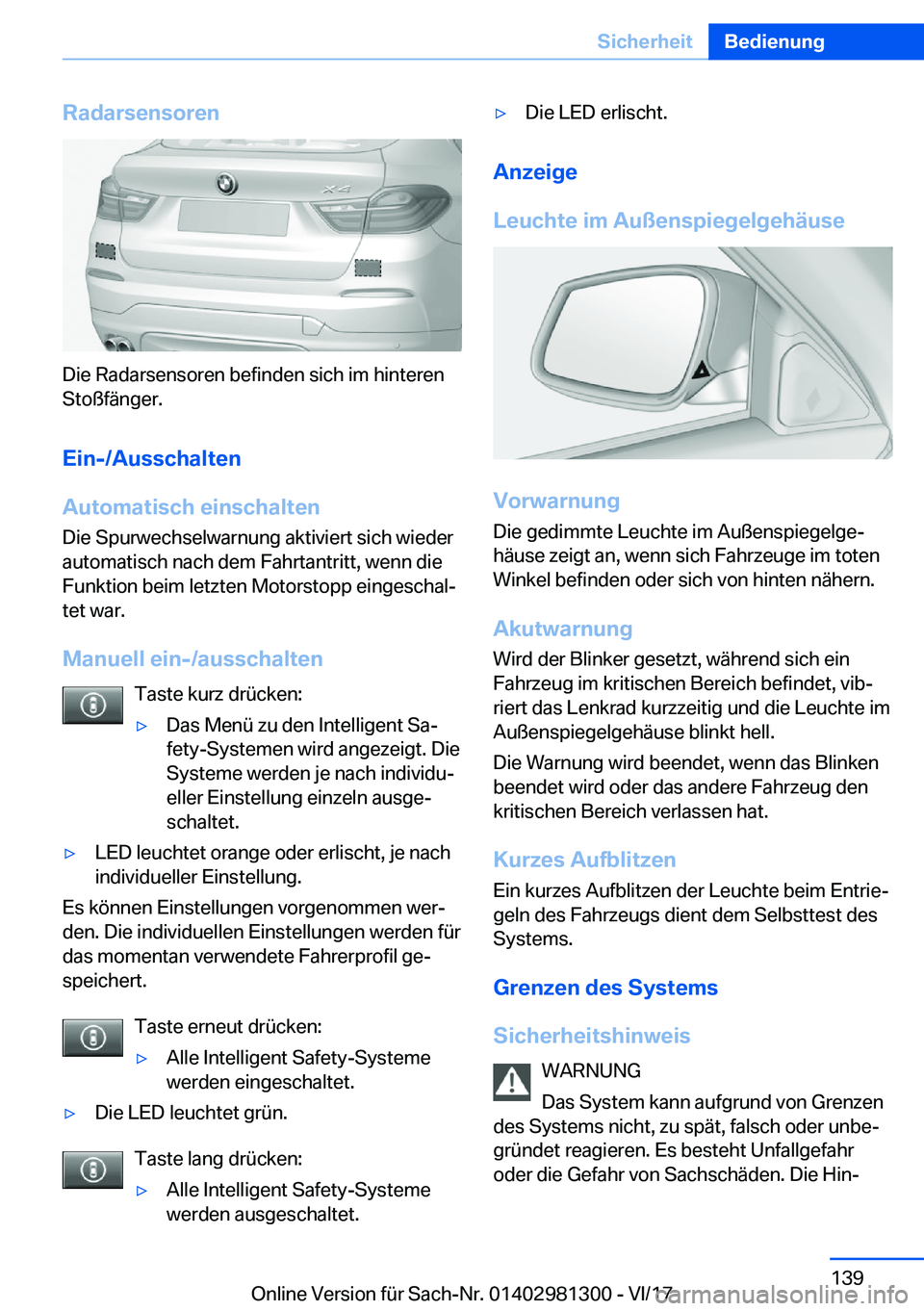 BMW X4 2018  Betriebsanleitungen (in German) �R�a�d�a�r�s�e�n�s�o�r�e�n
�D�i�e� �R�a�d�a�r�s�e�n�s�o�r�e�n� �b�e�f�i�n�d�e�n� �s�i�c�h� �i�m� �h�i�n�t�e�r�e�n
�S�t�o�