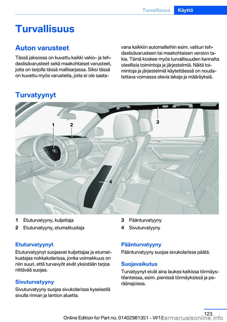 BMW X4 2018  Omistajan Käsikirja (in Finnish) �T�u�r�v�a�l�l�i�s�u�u�s�A�u�t�o�n��v�a�r�u�s�t�e�e�t
�T�