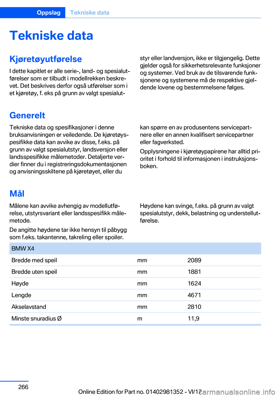 BMW X4 2018  InstruksjonsbØker (in Norwegian) �T�e�k�n�i�s�k�e��d�a�t�a�K�j�