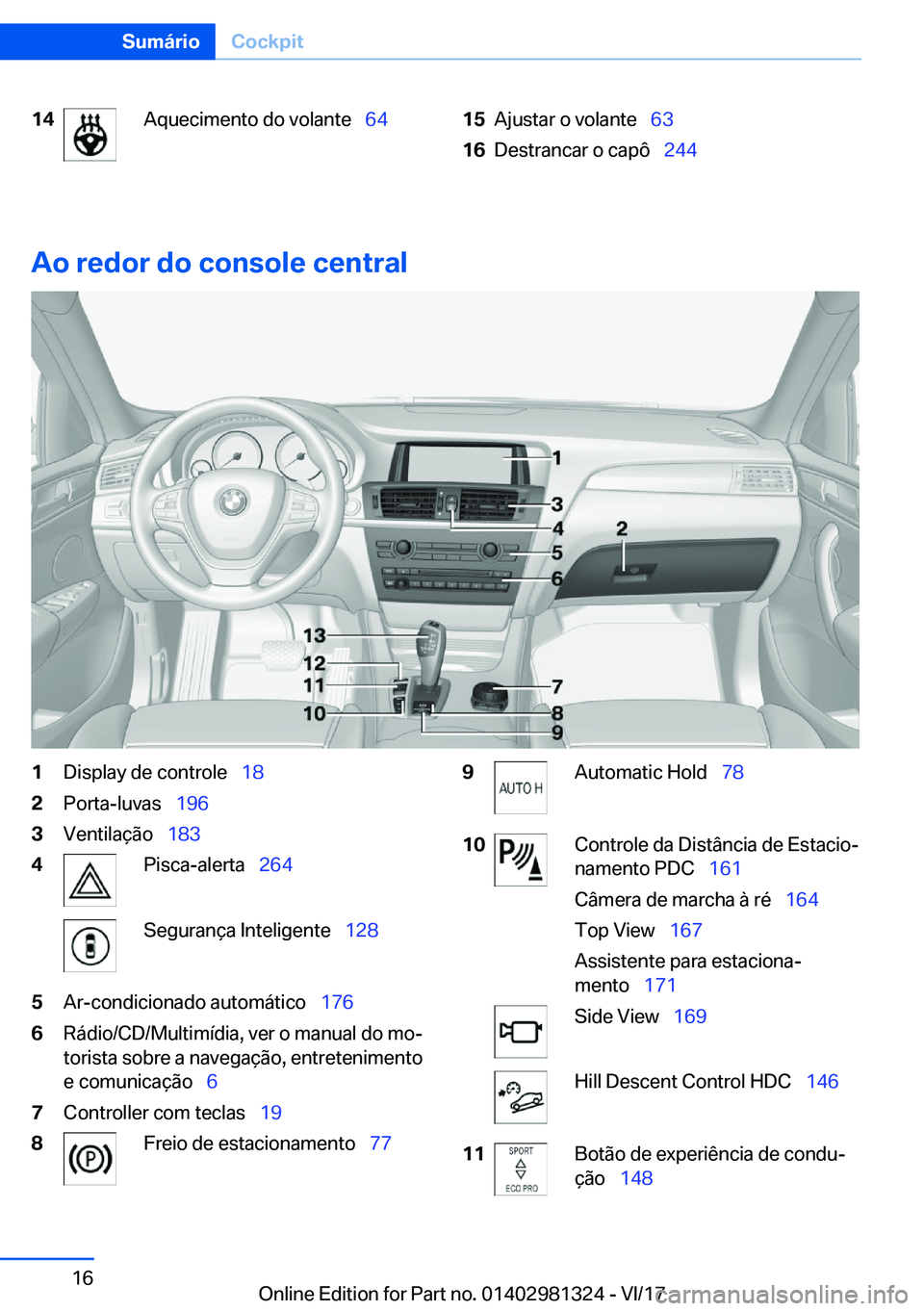 BMW X4 2018  Manual do condutor (in Portuguese) �1�4�A�q�u�e�c�i�m�e�n�t�o� �d�o� �v�o�l�a�n�t�e\_�6�4�1�5�A�j�u�s�t�a�r� �o� �v�o�l�a�n�t�e\_�6�3�1�6�D�e�s�t�r�a�n�c�a�r� �o� �c�a�p�ô\_ �2�4�4
�A�o��r�e�d�o�r��d�o��c�o�n�s�o�l�e��c�e�n�