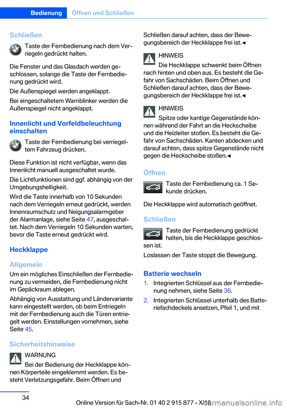 BMW X4 2017  Betriebsanleitungen (in German) �S�c�h�l�i�e�