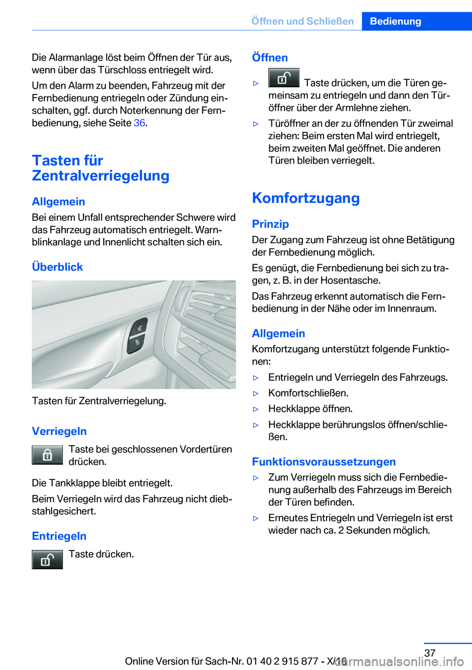 BMW X4 2017  Betriebsanleitungen (in German) �D�i�e� �A�l�a�r�m�a�n�l�a�g�e� �l�ö�s�t� �b�e�i�m� �