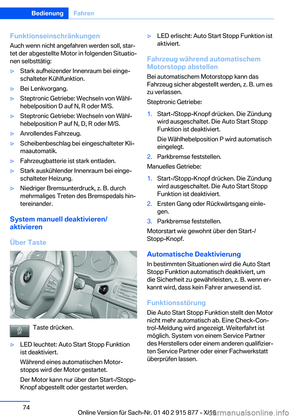 BMW X4 2017  Betriebsanleitungen (in German) �F�u�n�k�t�i�o�n�s�e�i�n�s�c�h�r�
