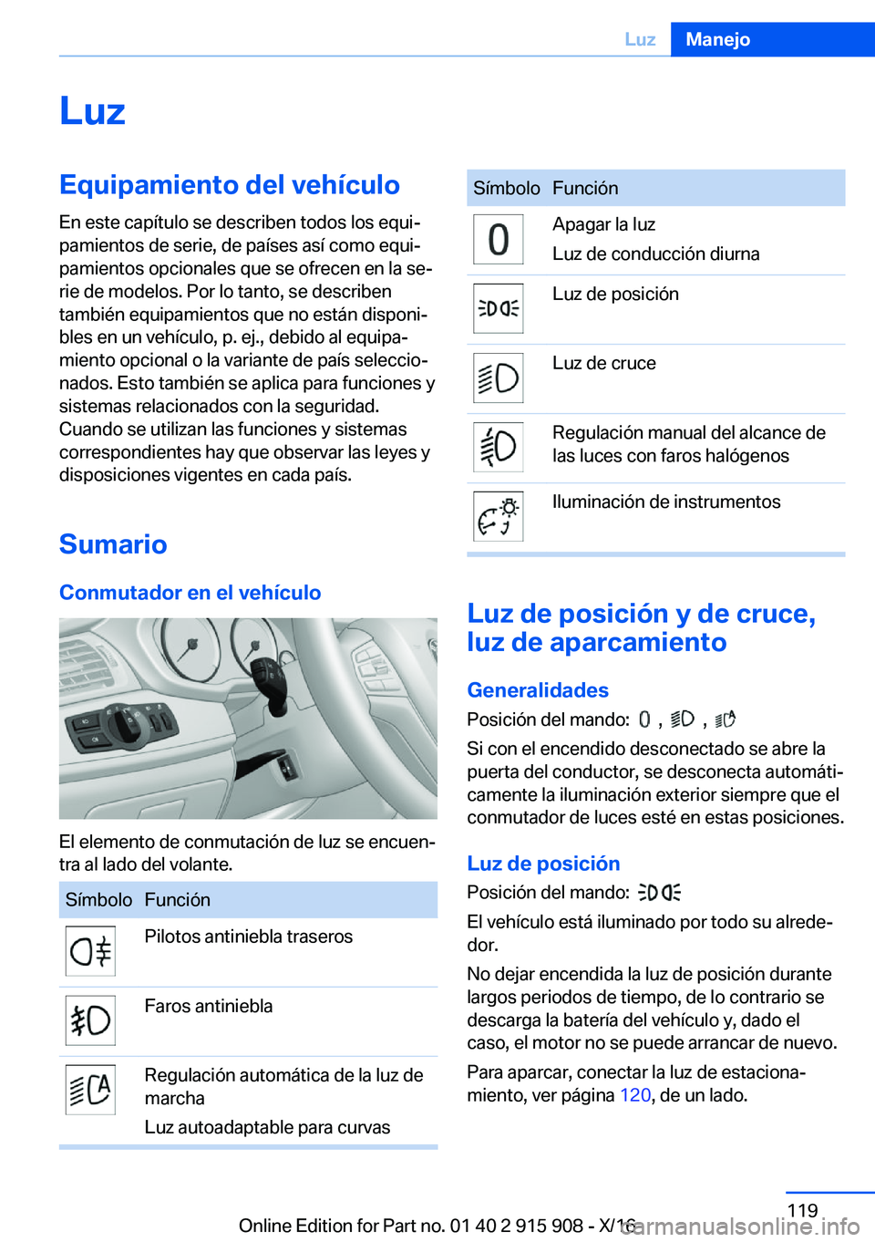 BMW X4 2017  Manuales de Empleo (in Spanish) �L�u�z�E�q�u�i�p�a�m�i�e�n�t�o��d�e�l��v�e�h�