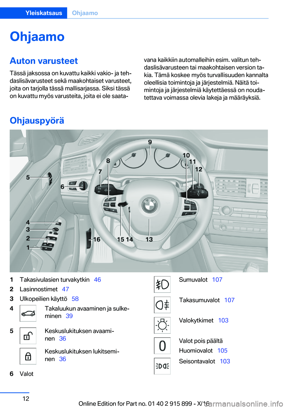 BMW X4 2017  Omistajan Käsikirja (in Finnish) �O�h�j�a�a�m�o�A�u�t�o�n��v�a�r�u�s�t�e�e�t�T�ä�s�s�ä� �j�a�k�s�o�s�s�a� �o�n� �k�u�v�a�t�t�u� �k�a�i�k�k�i� �v�a�k�i�o�-� �j�a� �t�e�hj�d�a�s�l�i�s�ä�v�a�r�u�s�t�e�e�t� �s�e�k�ä� �m�a�a�k�o�h�t