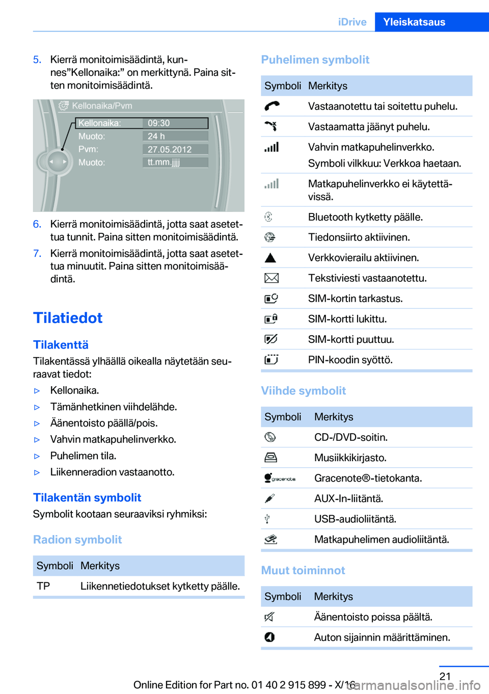 BMW X4 2017  Omistajan Käsikirja (in Finnish) �5�.�K�i�e�r�r�ä� �m�o�n�i�t�o�i�m�i�s�ä�ä�d�i�n�t�ä�,� �k�u�nj
�n�e�sw�K�e�l�l�o�n�a�i�k�a�:w� �o�n� �m�e�r�k�i�t�t�y�n�ä�.� �P�a�i�n�a� �s�i�tj
�t�e�n� �m�o�n�i�t�o�i�m�i�s�ä�ä�d�i�n�t�ä
