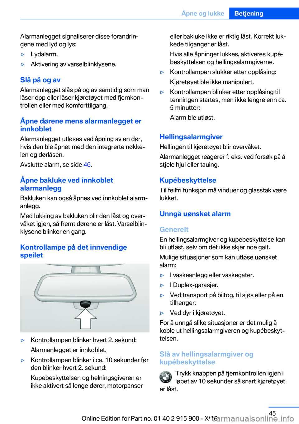 BMW X4 2017  InstruksjonsbØker (in Norwegian) �A�l�a�r�m�a�n�l�e�g�g�e�t� �s�i�g�n�a�l�i�s�e�r�e�r� �d�i�s�s�e� �f�o�r�a�n�d�r�i�nj
�g�e�n�e� �m�e�d� �l�y�d� �o�g� �l�y�s�:'y�L�y�d�a�l�a�r�m�.'y�A�k�t�i�v�e�r�i�n�g� �a�v� �v�a�r�s�e�l�b�