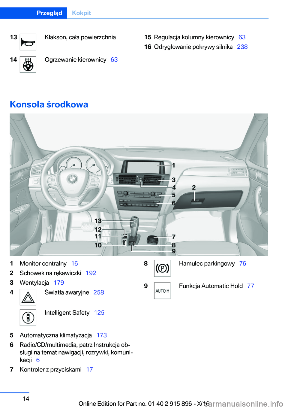 BMW X4 2017  Instrukcja obsługi (in Polish) �1�3�K�l�a�k�s�o�n�,� �c�a�ł�a� �p�o�w�i�e�r�z�c�h�n�i�a�1�4�O�g�r�z�e�w�a�n�i�e� �k�i�e�r�o�w�n�i�c�y\_�6�3�1�5�R�e�g�u�l�a�c�j�a� �k�o�l�u�m�n�y� �k�i�e�r�o�w�n�i�c�y\_ �6�3�1�6�O�d�r�y�g�l�o�w
