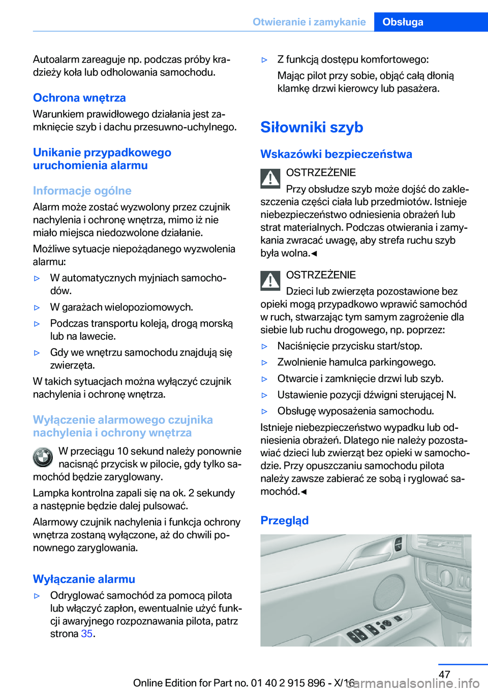 BMW X4 2017  Instrukcja obsługi (in Polish) �A�u�t�o�a�l�a�r�m� �z�a�r�e�a�g�u�j�e� �n�p�.� �p�o�d�c�z�a�s� �p�r�