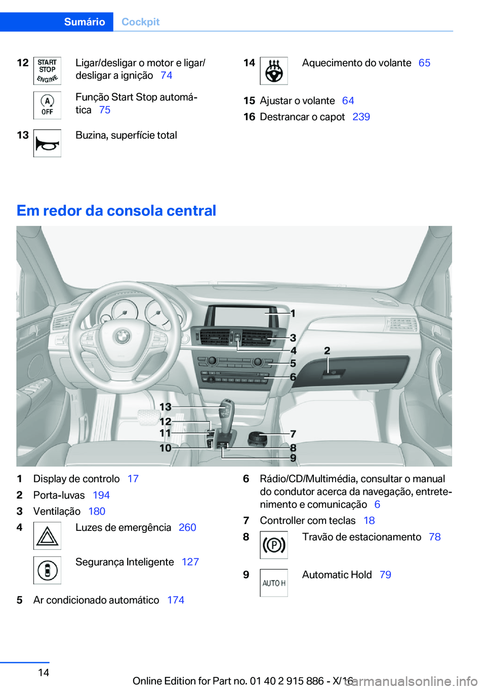 BMW X4 2017  Manual do condutor (in Portuguese) �1�2�L�i�g�a�r�/�d�e�s�l�i�g�a�r� �o� �m�o�t�o�r� �e� �l�i�g�a�r�/
�d�e�s�l�i�g�a�r� �a� �i�g�n�i�ç�ã�o\_ �7�4�F�u�n�ç�ã�o� �S�t�a�r�t� �S�t�o�p� �a�u�t�o�m�áª
�t�i�c�a\_ �7�5�1�3�B�u�z�i�n