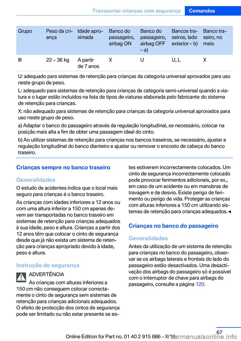 BMW X4 2017  Manual do condutor (in Portuguese) �G�r�u�p�o�P�e�s�o� �d�a� �c�r�iª
�a�n�ç�a�I�d�a�d�e� �a�p�r�oª
�x�i�m�a�d�a�B�a�n�c�o� �d�o
�p�a�s�s�a�g�e�i�r�o�,
�a�i�r�b�a�g� �O�N�B�a�n�c�o� �d�o
�p�a�s�s�a�g�e�i�r�o�,
�a�i�r�b�a�g� �O�F�F
