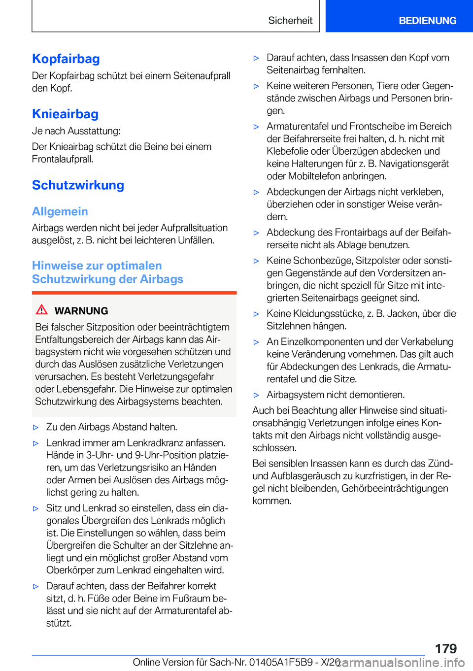 BMW X4 M 2021  Betriebsanleitungen (in German) �K�o�p�f�a�i�r�b�a�g�D�e�r��K�o�p�f�a�i�r�b�a�g��s�c�h�