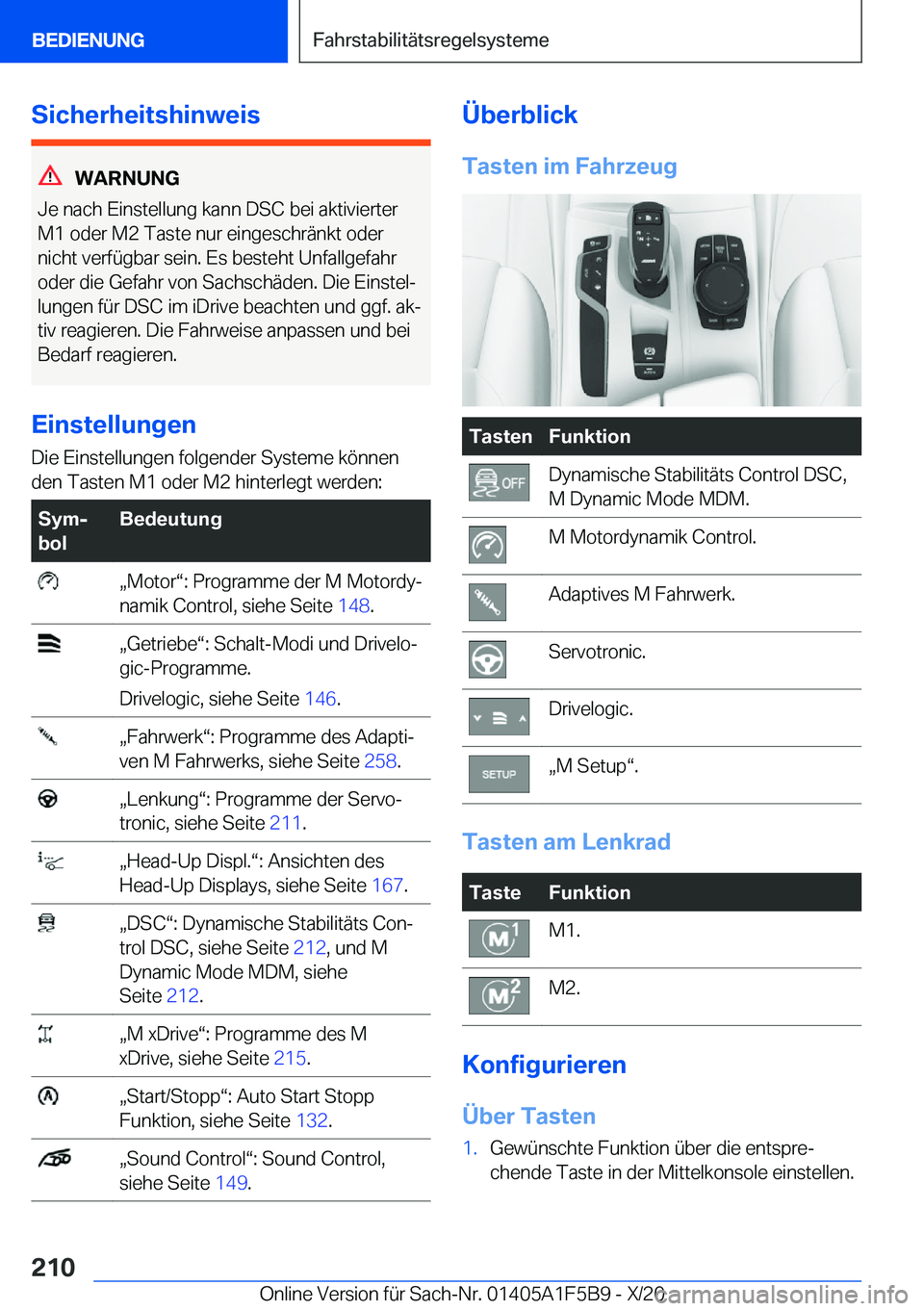 BMW X4 M 2021  Betriebsanleitungen (in German) �S�i�c�h�e�r�h�e�i�t�s�h�i�n�w�e�i�s
�W�A�R�N�U�N�G
�J�e��n�a�c�h��E�i�n�s�t�e�l�l�u�n�g��k�a�n�n��D�S�C��b�e�i��a�k�t�i�v�i�e�r�t�e�r �M�1��o�d�e�r��M�2��T�a�s�t�e��n�u�r��e�i�n�g�e�s�c�h�