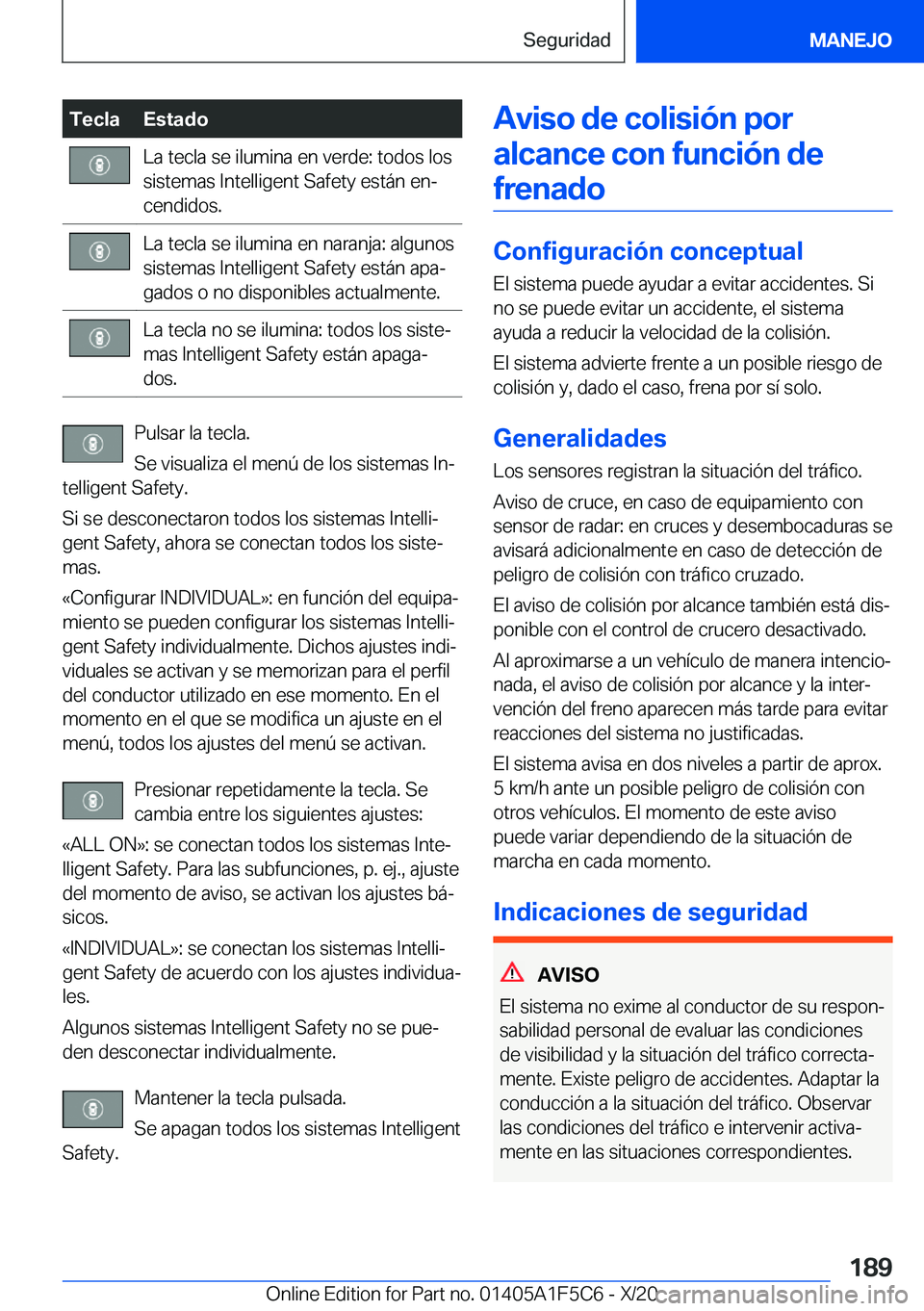 BMW X4 M 2021  Manuales de Empleo (in Spanish) �T�e�c�l�a�E�s�t�a�d�o�L�a��t�e�c�l�a��s�e��i�l�u�m�i�n�a��e�n��v�e�r�d�e�:��t�o�d�o�s��l�o�s�s�i�s�t�e�m�a�s��I�n�t�e�l�l�i�g�e�n�t��S�a�f�e�t�y��e�s�t�