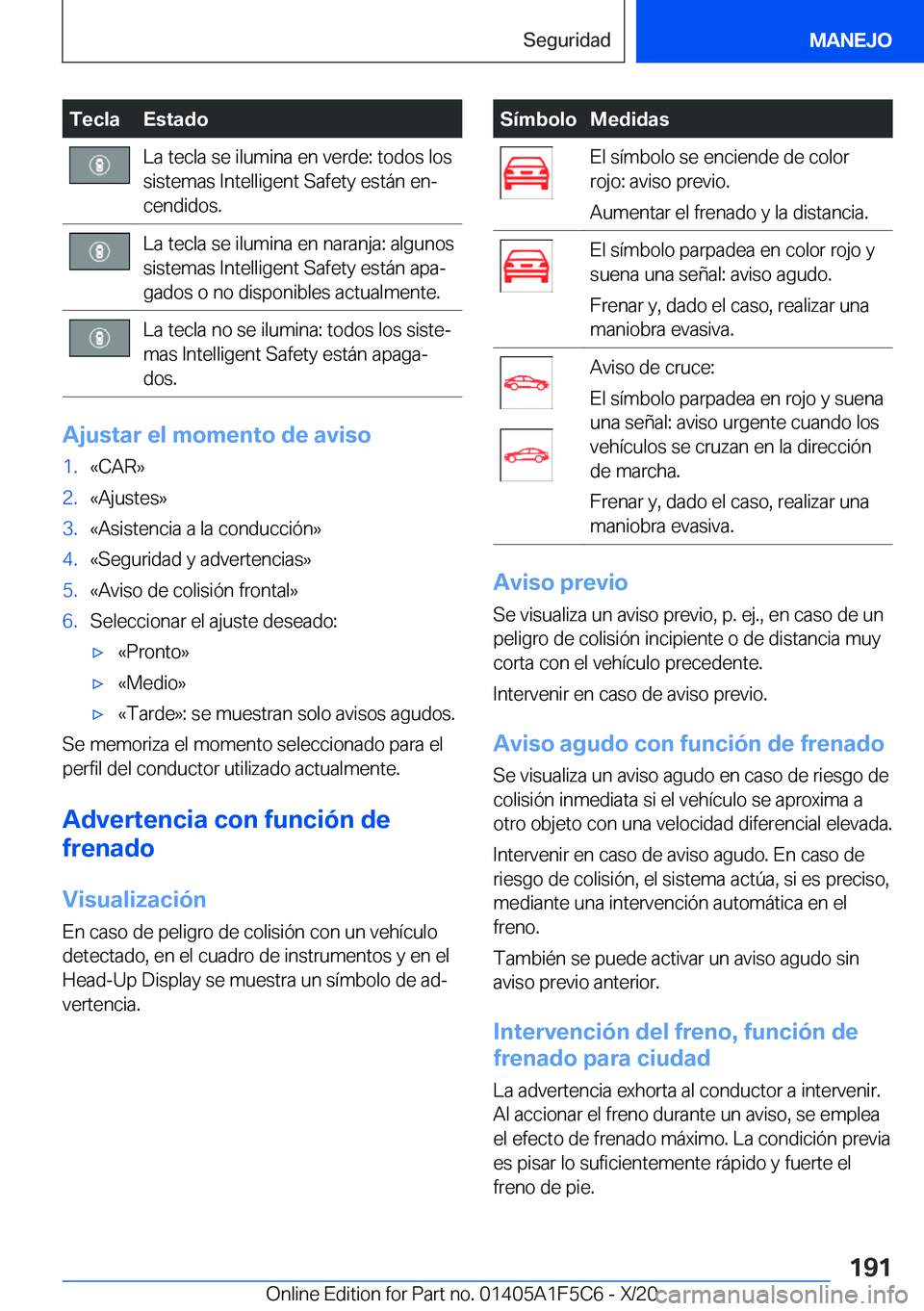 BMW X4 M 2021  Manuales de Empleo (in Spanish) �T�e�c�l�a�E�s�t�a�d�o�L�a��t�e�c�l�a��s�e��i�l�u�m�i�n�a��e�n��v�e�r�d�e�:��t�o�d�o�s��l�o�s�s�i�s�t�e�m�a�s��I�n�t�e�l�l�i�g�e�n�t��S�a�f�e�t�y��e�s�t�