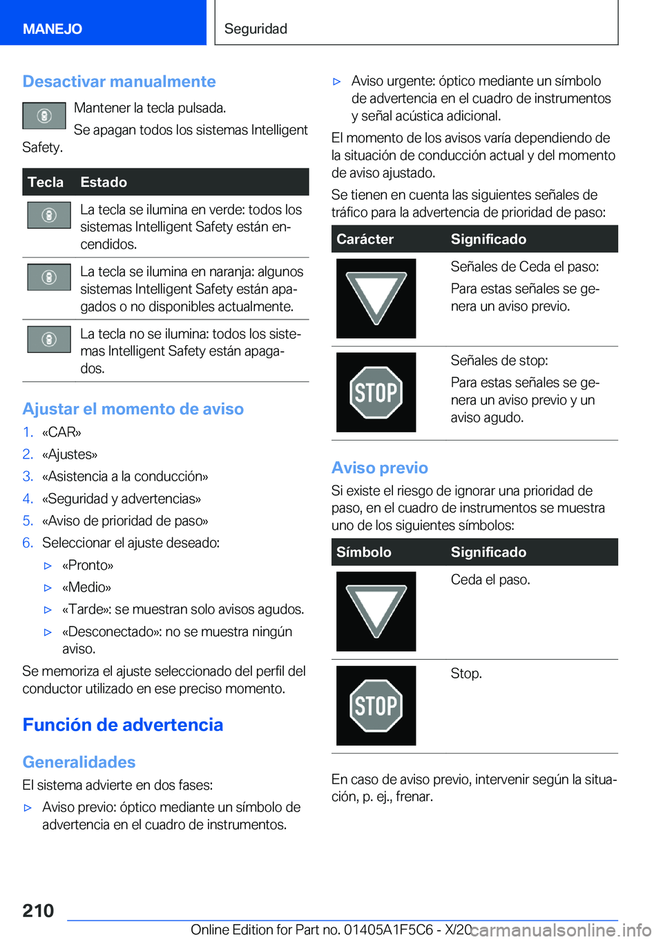 BMW X4 M 2021  Manuales de Empleo (in Spanish) �D�e�s�a�c�t�i�v�a�r��m�a�n�u�a�l�m�e�n�t�e�M�a�n�t�e�n�e�r��l�a��t�e�c�l�a��p�u�l�s�a�d�a�.
�S�e��a�p�a�g�a�n��t�o�d�o�s��l�o�s��s�i�s�t�e�m�a�s��I�n�t�e�l�l�i�g�e�n�t
�S�a�f�e�t�y�.�T�e�c�l