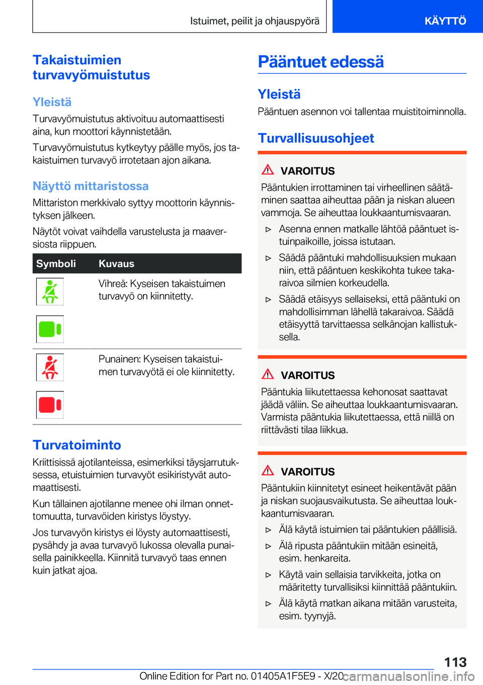BMW X4 M 2021  Omistajan Käsikirja (in Finnish) �T�a�k�a�i�s�t�u�i�m�i�e�n
�t�u�r�v�a�v�y�
