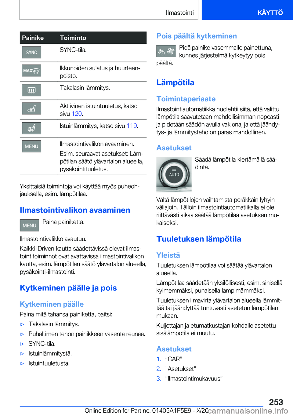 BMW X4 M 2021  Omistajan Käsikirja (in Finnish) �P�a�i�n�i�k�e�T�o�i�m�i�n�t�o�S�Y�N�C�-�t�i�l�a�.�I�k�k�u�n�o�i�d�e�n��s�u�l�a�t�u�s��j�a��h�u�u�r�t�e�e�nj
�p�o�i�s�t�o�.�T�a�k�a�l�a�s�i�n��l�
