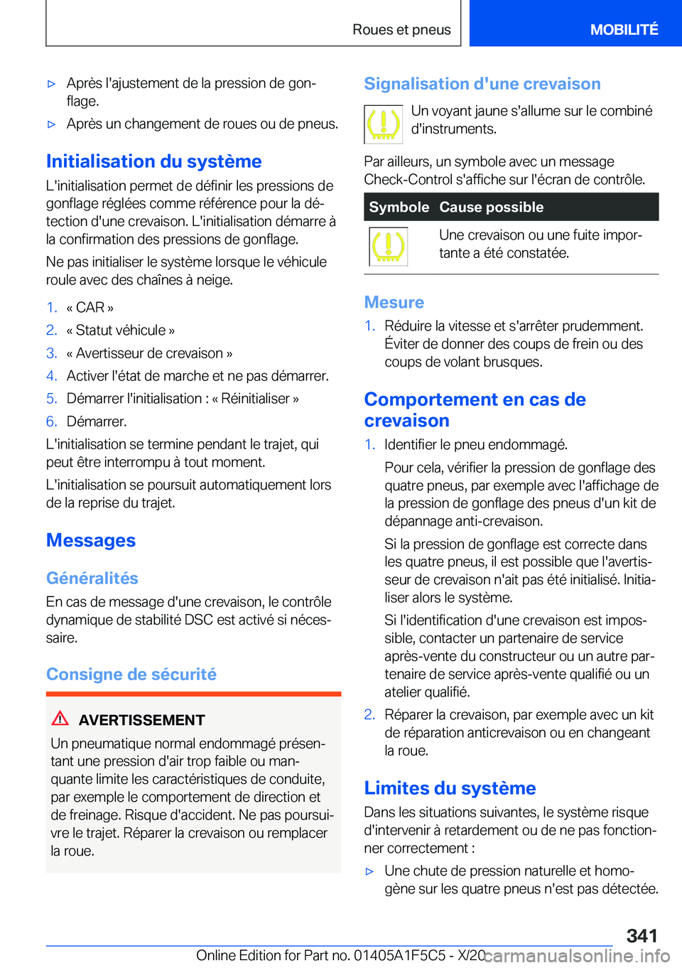 BMW X4 M 2021  Notices Demploi (in French) 'x�A�p�r�è�s��l�'�a�j�u�s�t�e�m�e�n�t��d�e��l�a��p�r�e�s�s�i�o�n��d�e��g�o�nj
�f�l�a�g�e�.'x�A�p�r�è�s��u�n��c�h�a�n�g�e�m�e�n�t��d�e��r�o�u�e�s��o�u��d�e��p�n�e�u�s�.
�I�n