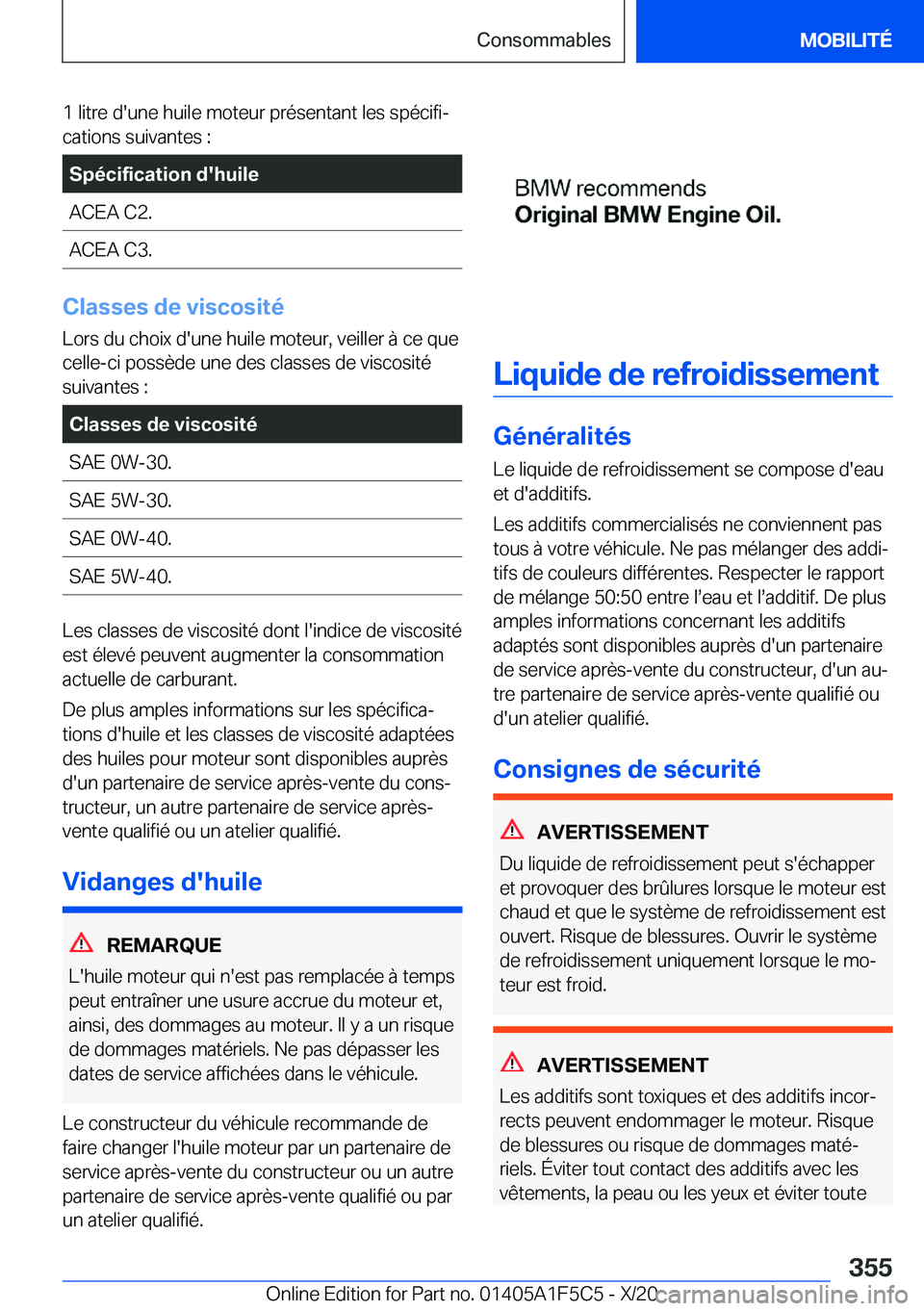 BMW X4 M 2021  Notices Demploi (in French) �1��l�i�t�r�e��d�'�u�n�e��h�u�i�l�e��m�o�t�e�u�r��p�r�é�s�e�n�t�a�n�t��l�e�s��s�p�é�c�i�f�ij�c�a�t�i�o�n�s��s�u�i�v�a�n�t�e�s��:�S�p�é�c�i�f�i�c�a�t�i�o�n��d�'�h�u�i�l�e�A�C�E�A�