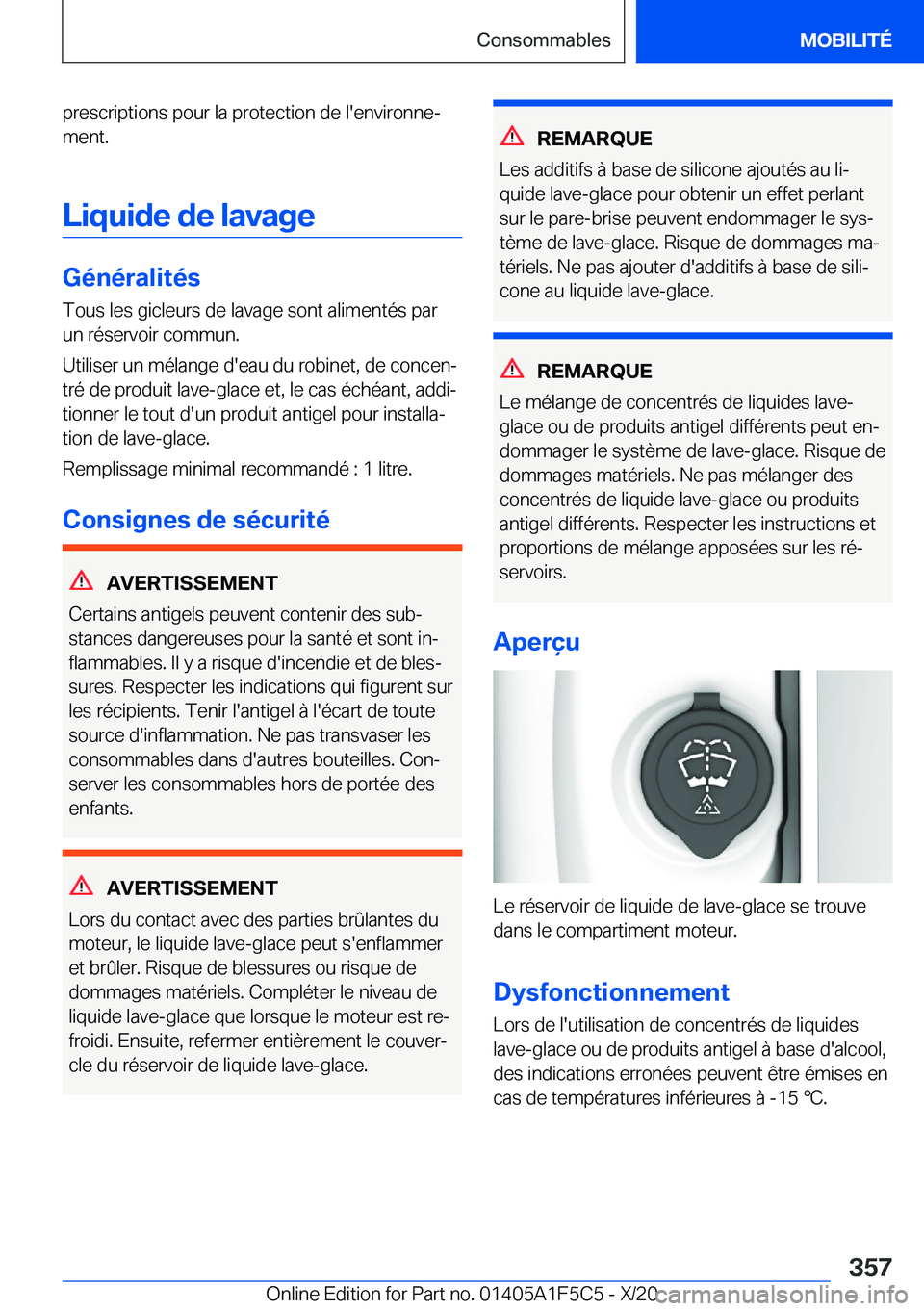 BMW X4 M 2021  Notices Demploi (in French) �p�r�e�s�c�r�i�p�t�i�o�n�s��p�o�u�r��l�a��p�r�o�t�e�c�t�i�o�n��d�e��l�'�e�n�v�i�r�o�n�n�ej
�m�e�n�t�.
�L�i�q�u�i�d�e��d�e��l�a�v�a�g�e
�G�é�n�é�r�a�l�i�t�é�s
�T�o�u�s��l�e�s��g�i�c�l�