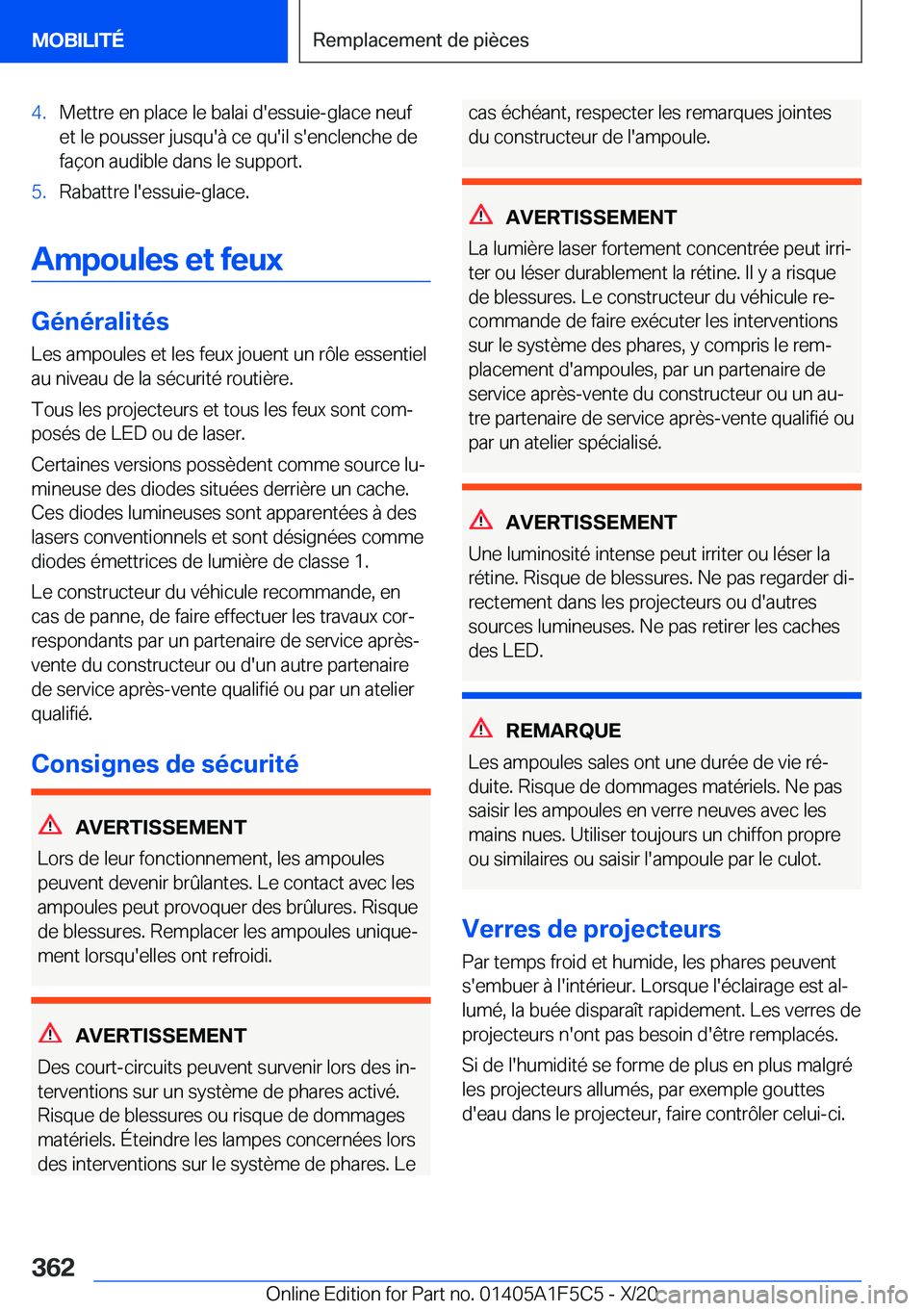 BMW X4 M 2021  Notices Demploi (in French) �4�.�M�e�t�t�r�e��e�n��p�l�a�c�e��l�e��b�a�l�a�i��d�'�e�s�s�u�i�e�-�g�l�a�c�e��n�e�u�f
�e�t��l�e��p�o�u�s�s�e�r��j�u�s�q�u�'�
