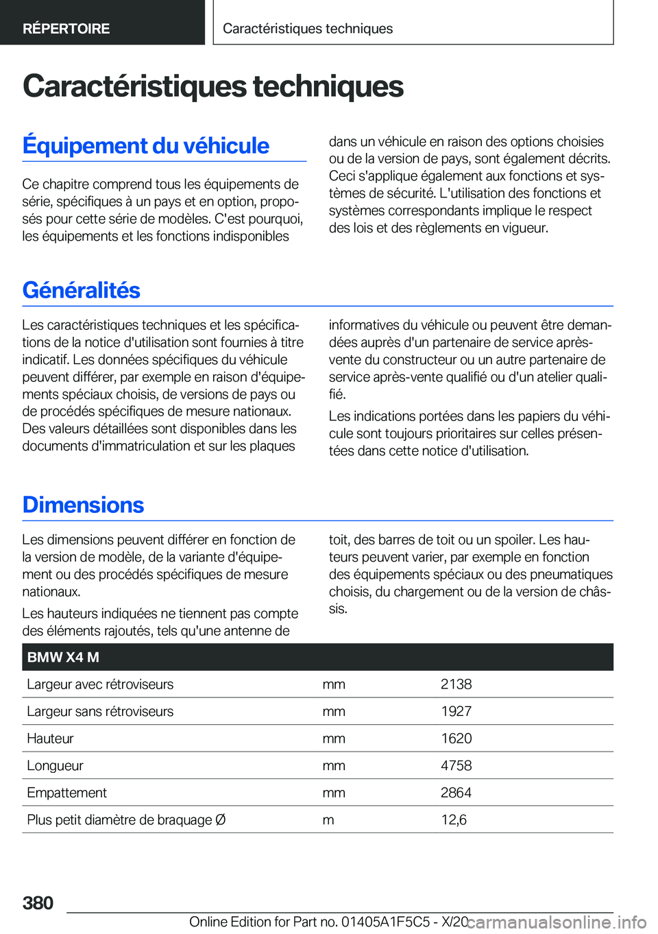 BMW X4 M 2021  Notices Demploi (in French) �C�a�r�a�c�t�é�r�i�s�t�i�q�u�e�s��t�e�c�h�n�i�q�u�e�s�