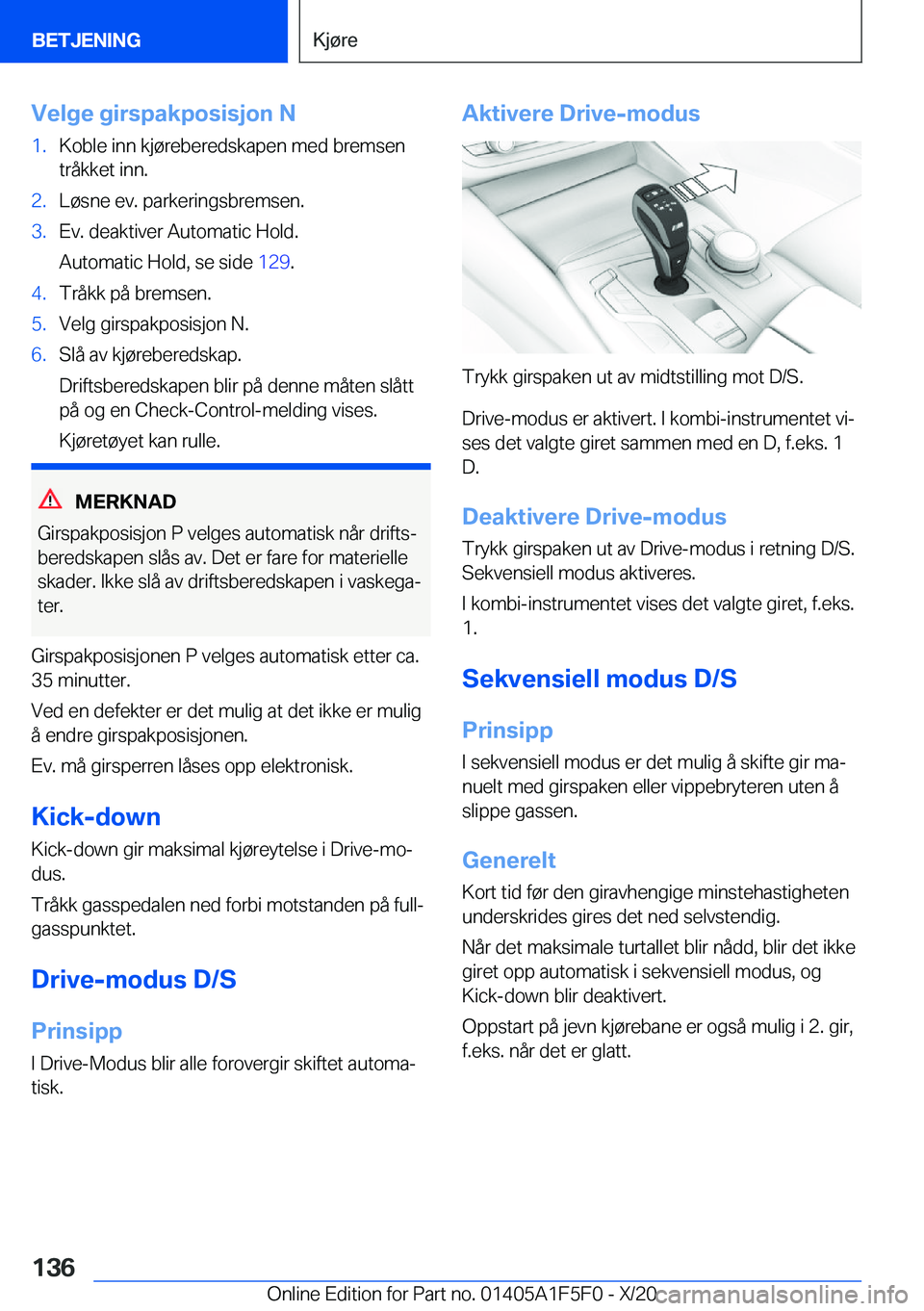 BMW X4 M 2021  InstruksjonsbØker (in Norwegian) �V�e�l�g�e��g�i�r�s�p�a�k�p�o�s�i�s�j�o�n��N�1�.�K�o�b�l�e��i�n�n��k�j�